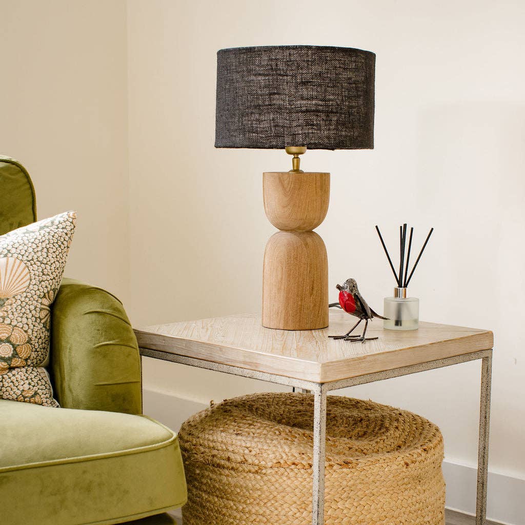 Sandblasted Wooden Large Table Lamp with Black Shade - Bluebell and Willow