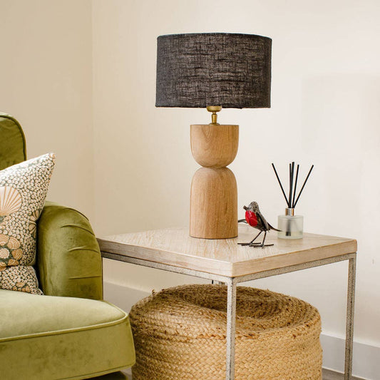 Sandblasted Wooden Large Table Lamp with Black Shade - Bluebell and Willow