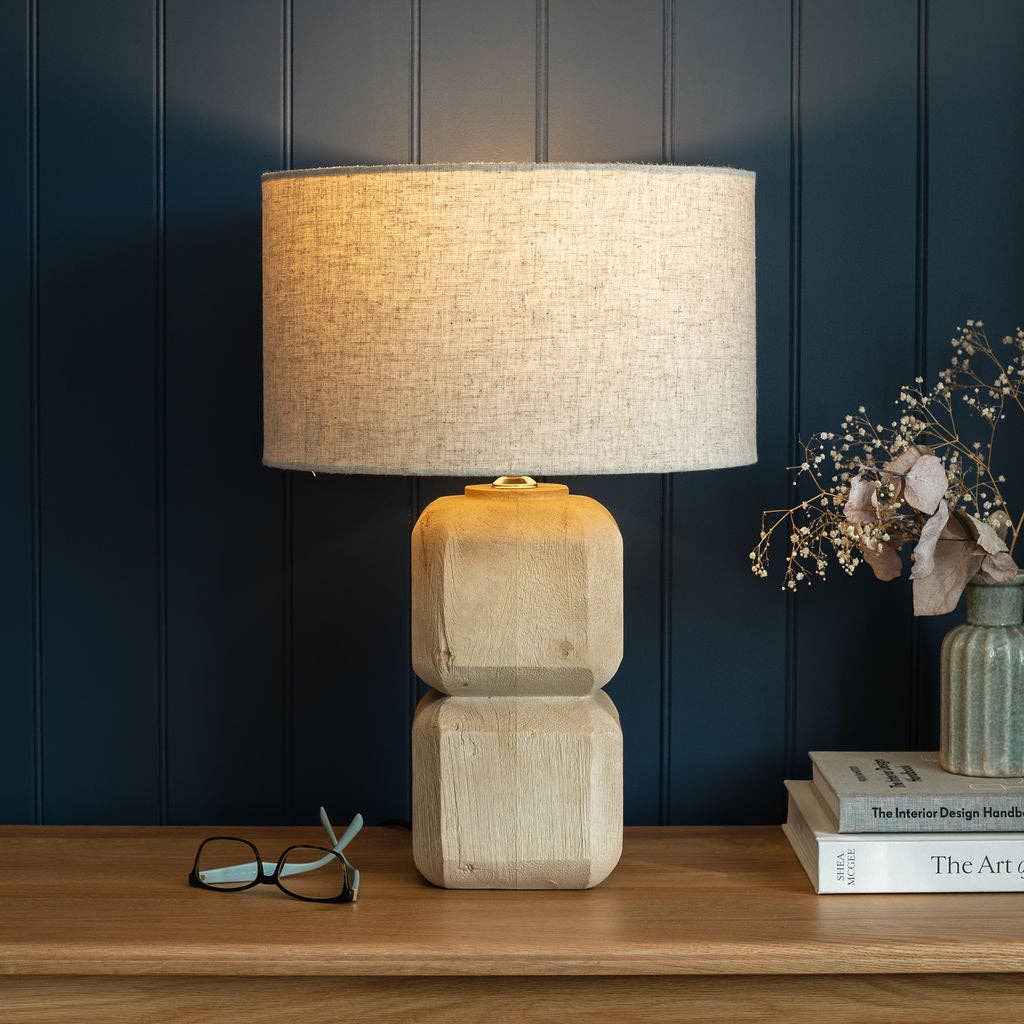 Medium Carved Wooden Table Lamp with Beige Shade - Bluebell and Willow