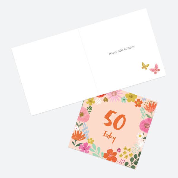 50th Birthday Card - Beautiful Blooms - Border 50 - Bluebell and Willow
