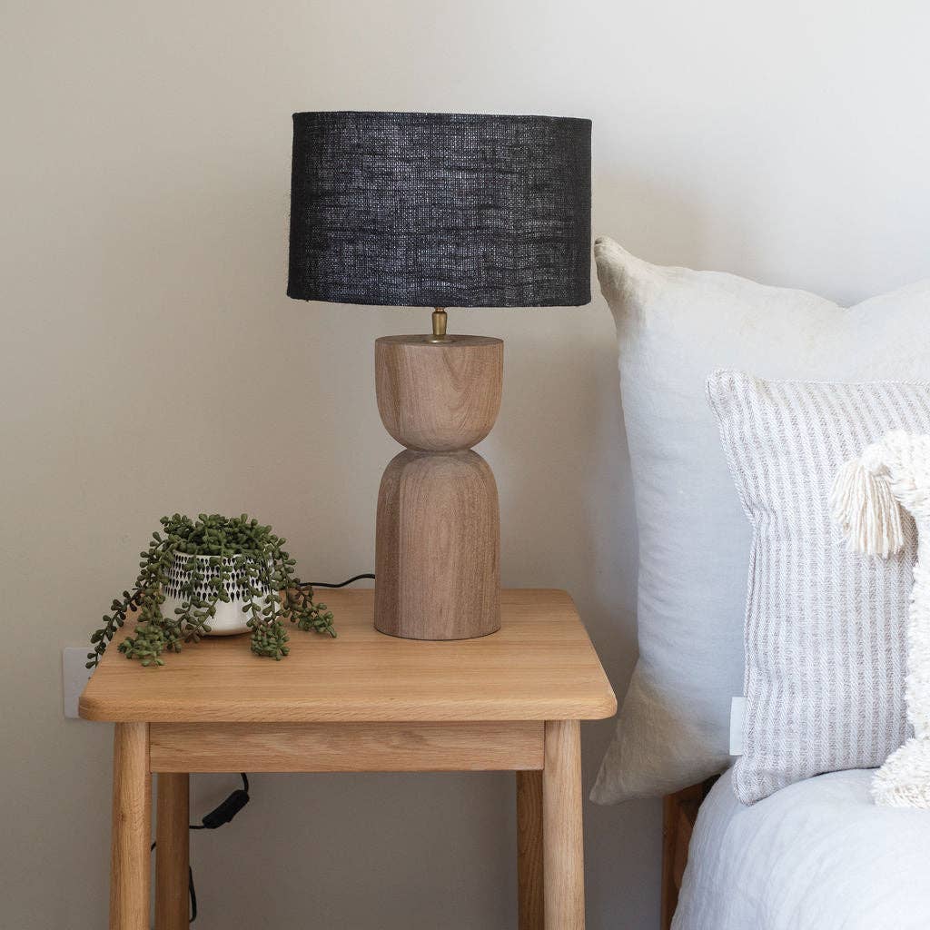 Tall, Light, Sandblasted Wooden Large Table Lamp with Black Shade