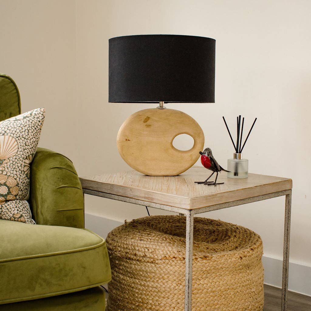 Light Sandblasted Wooden Table Lamp with Black Cotton Shade - Bluebell and Willow
