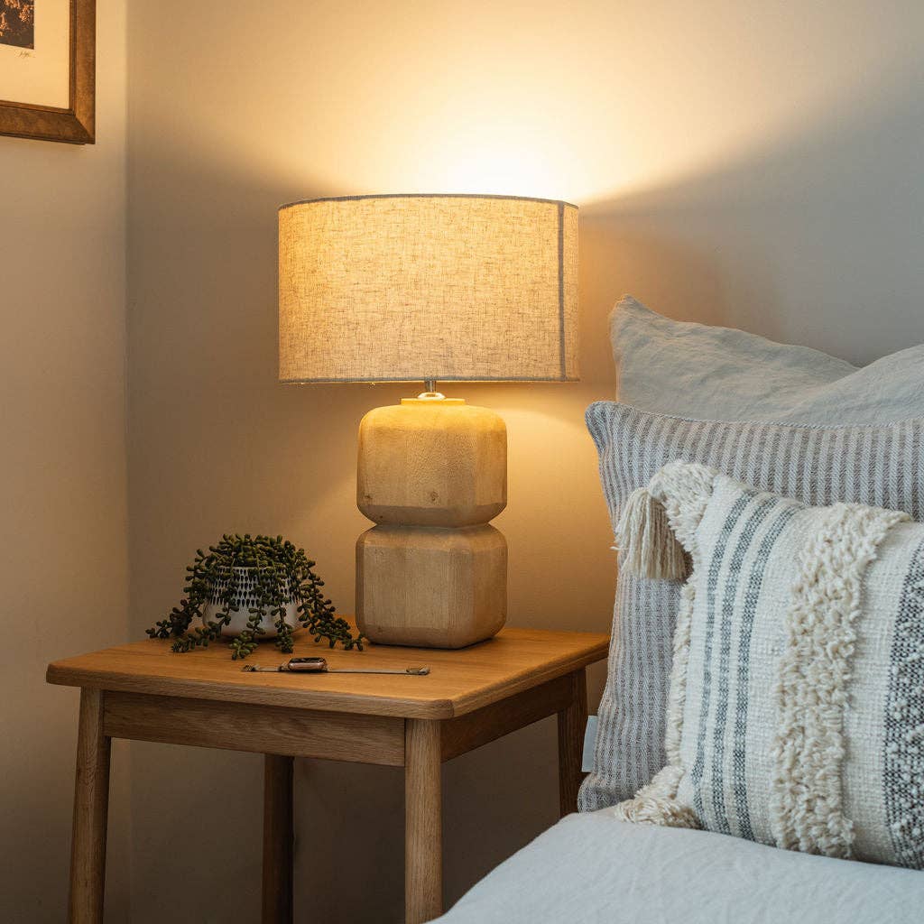 Medium Carved Wooden Table Lamp with Beige Shade - Bluebell and Willow