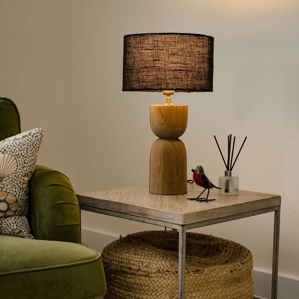 Tall, Light, Sandblasted Wooden Large Table Lamp with Black Shade