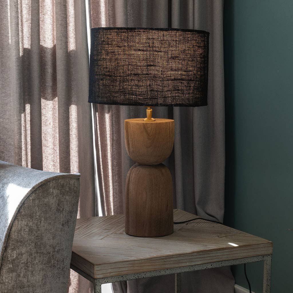 Sandblasted Wooden Large Table Lamp with Black Shade - Bluebell and Willow