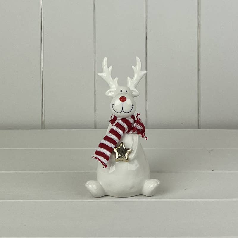 White Ceramic Reindeer Ornament With Knitted Scarf
