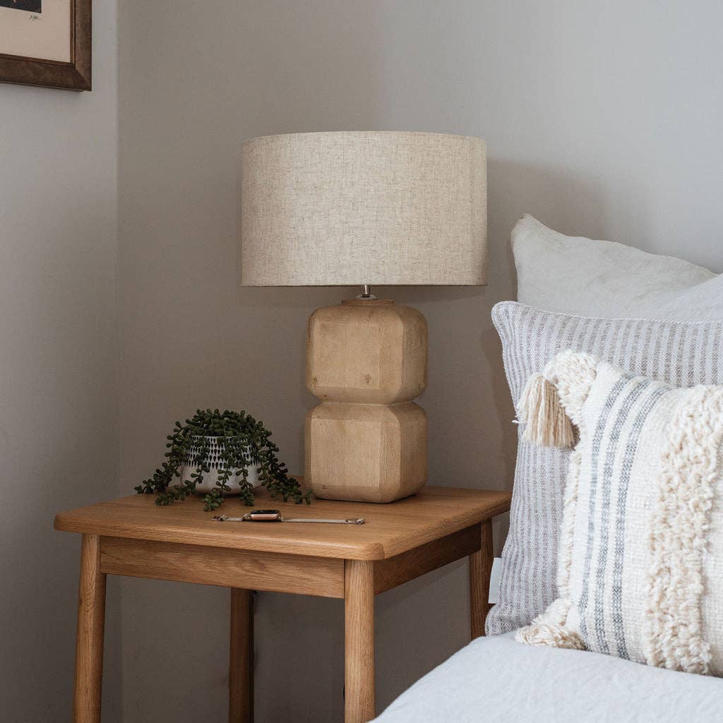 Medium Carved Wooden Table Lamp with Beige Shade - Bluebell and Willow