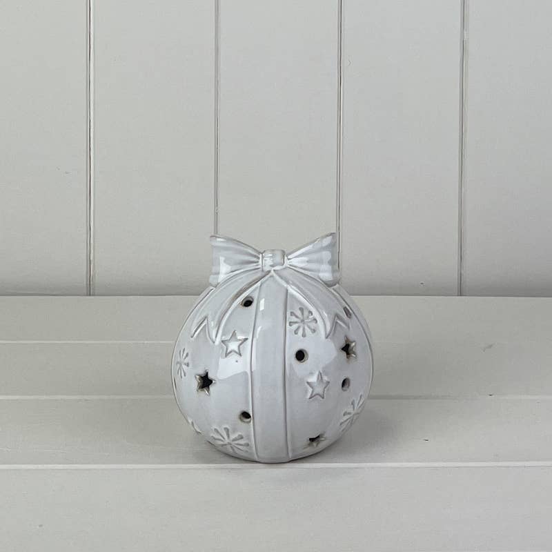 Glazed Ceramic Bauble With Bow Ornament (Med)