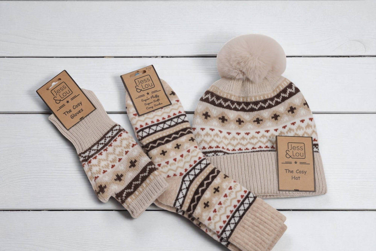 Nordic Pattern Ribbed Beige Socks