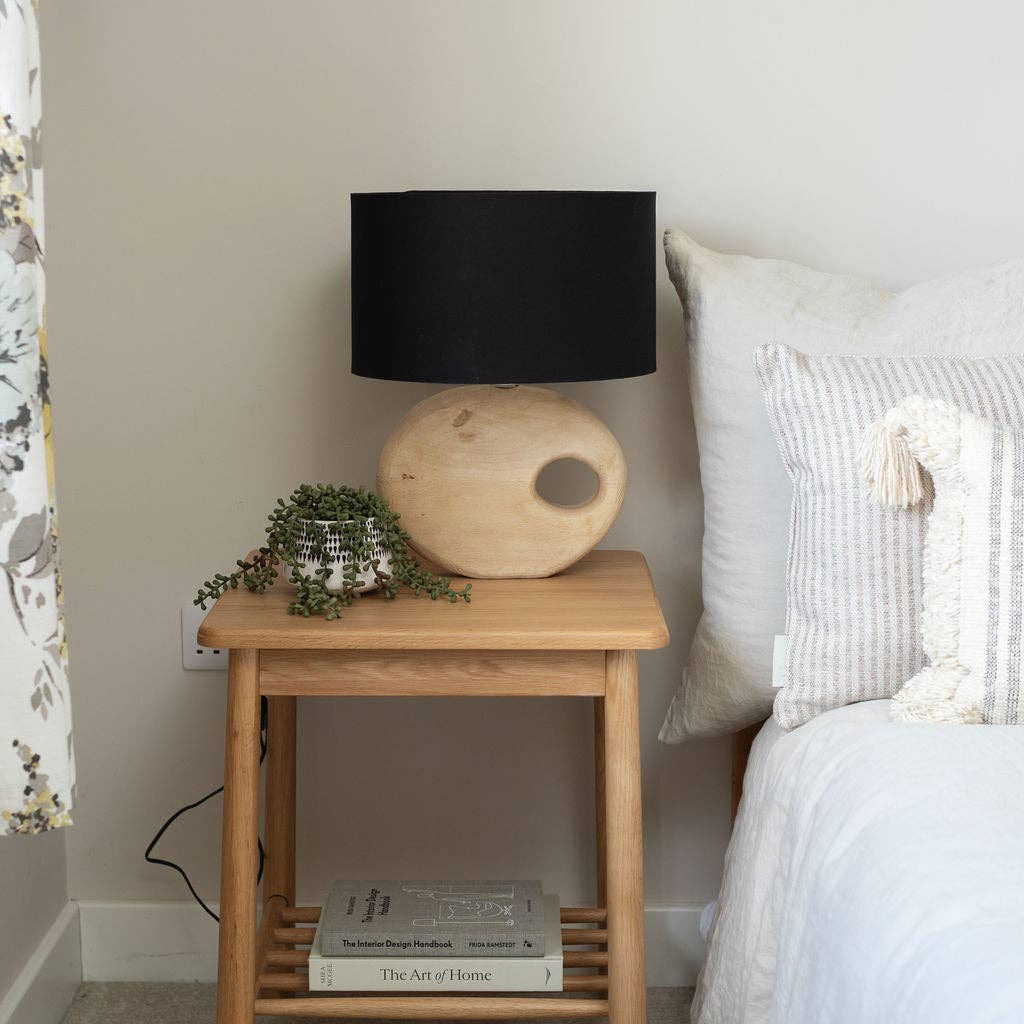 Light Sandblasted Wooden Table Lamp with Black Cotton Shade - Bluebell and Willow