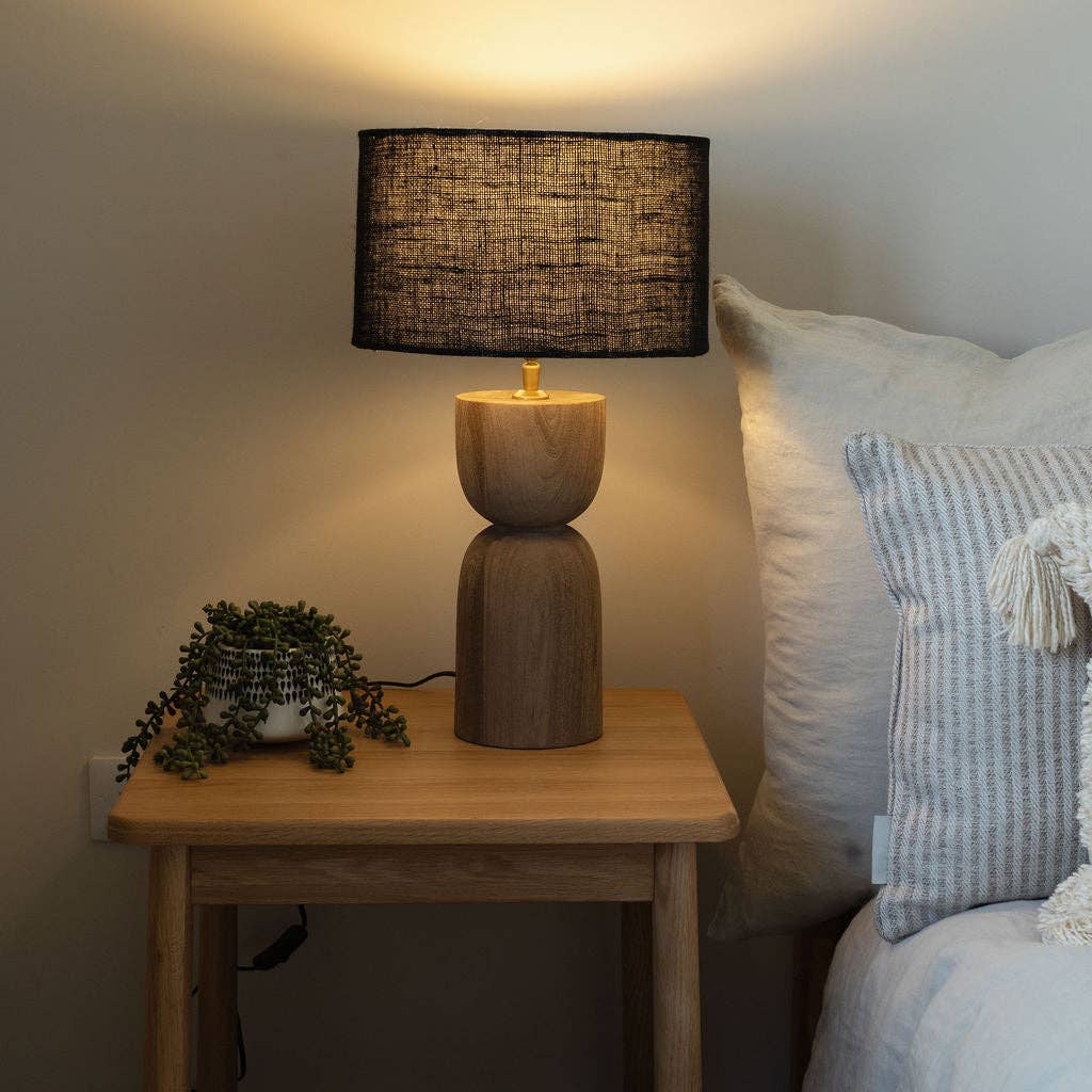 Sandblasted Wooden Large Table Lamp with Black Shade - Bluebell and Willow