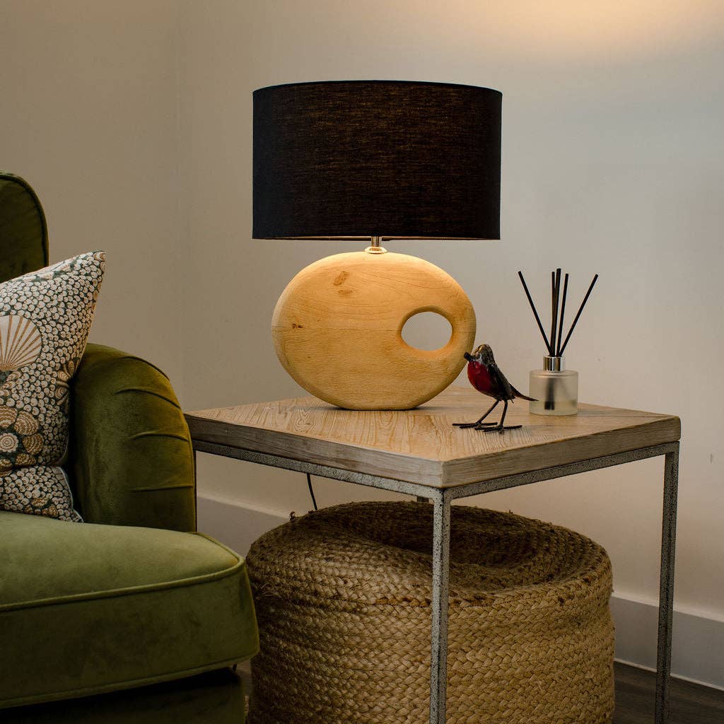 Light Sandblasted Wooden Table Lamp with Black Cotton Shade - Bluebell and Willow