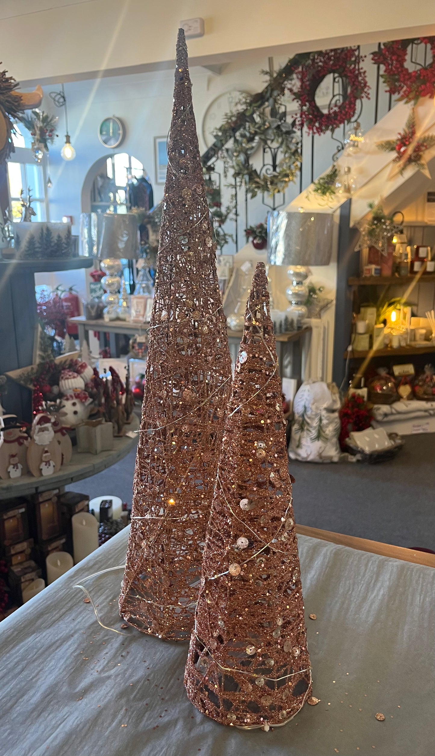 Pair of Copper Conical Light Up Trees - Bluebell and Willow