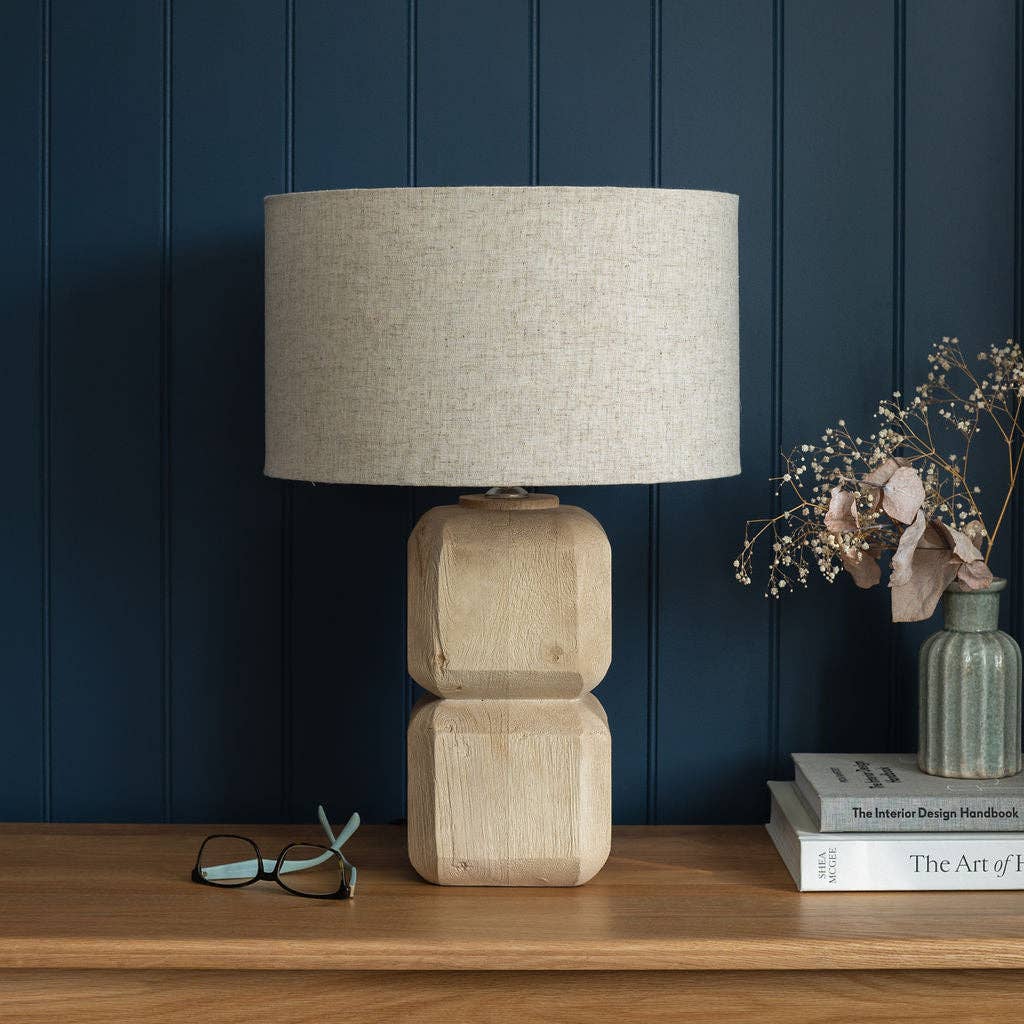 Medium Carved Wooden Table Lamp with Beige Shade - Bluebell and Willow