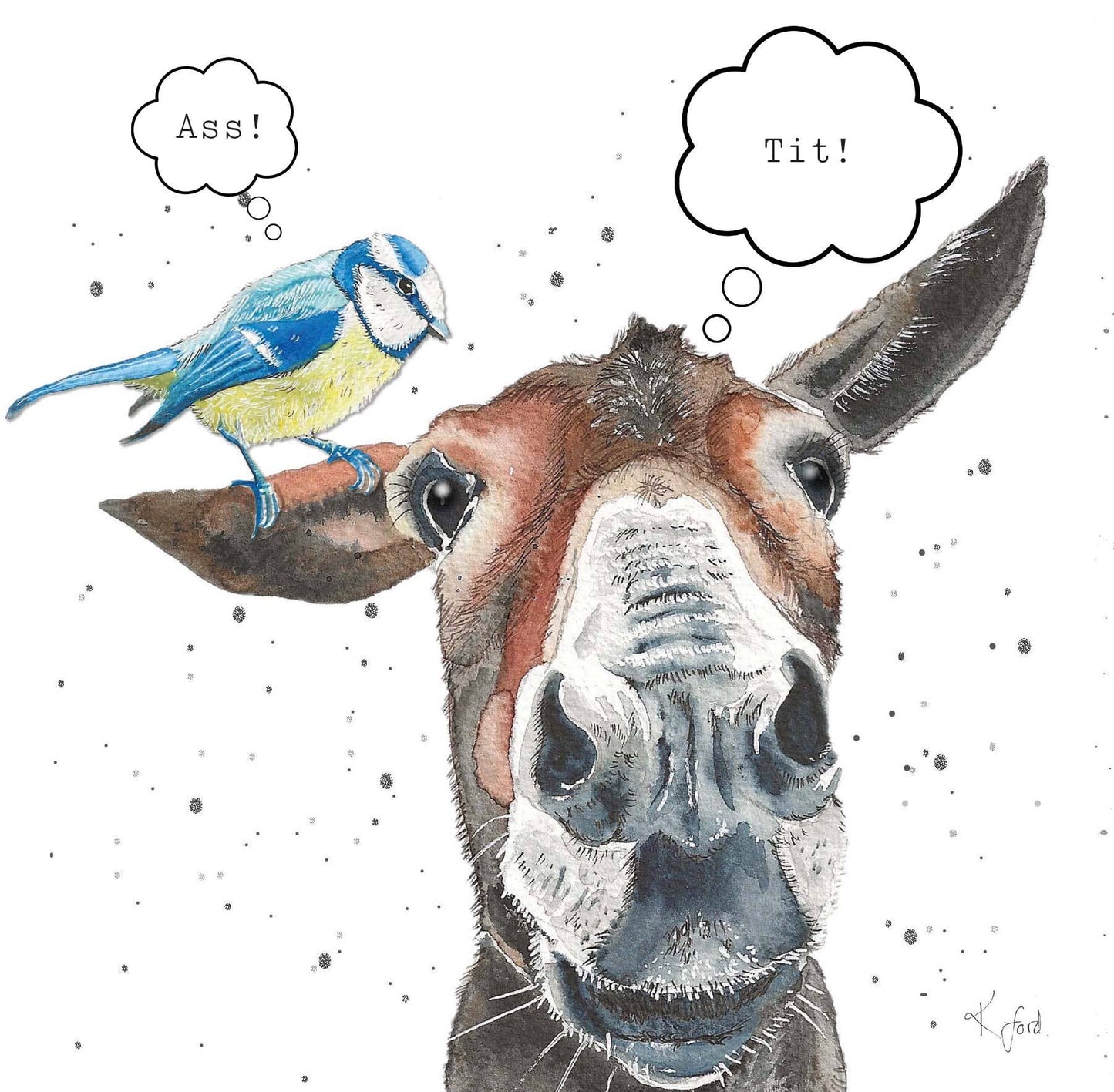 "Donkey and blue tit" greeting card - Bluebell and Willow