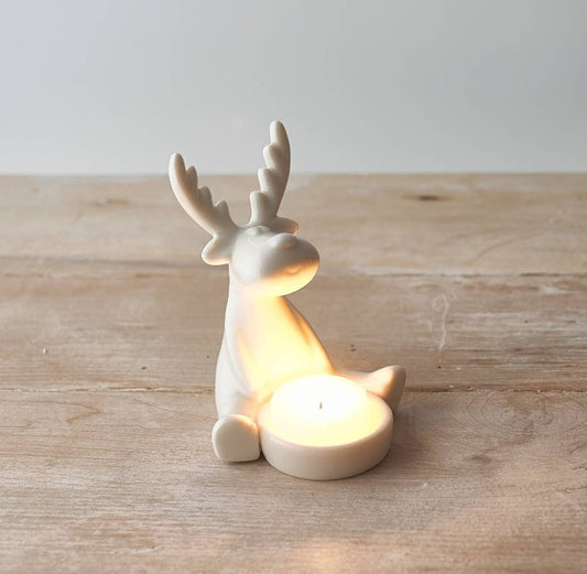 White Reindeer T-light Holder, 13cm