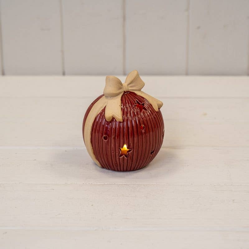 Medium Red Ceramic Led Bauble With Bow Detail.