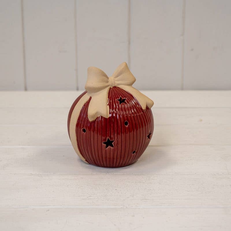 Large Red Ceramic Led Bauble With Bow Detail. With