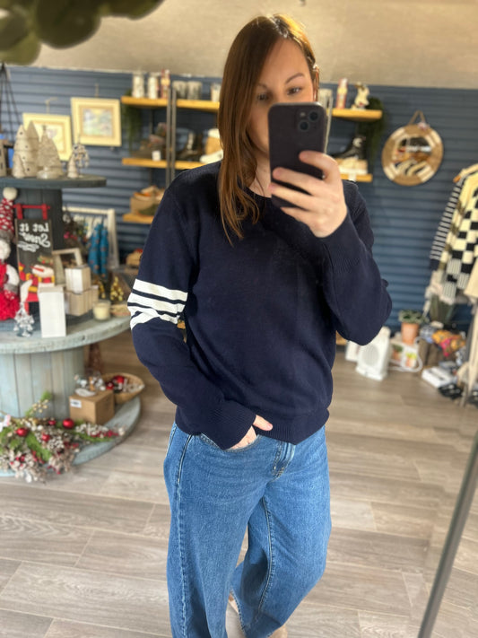 Navy Jumper with White Stripes- One Size