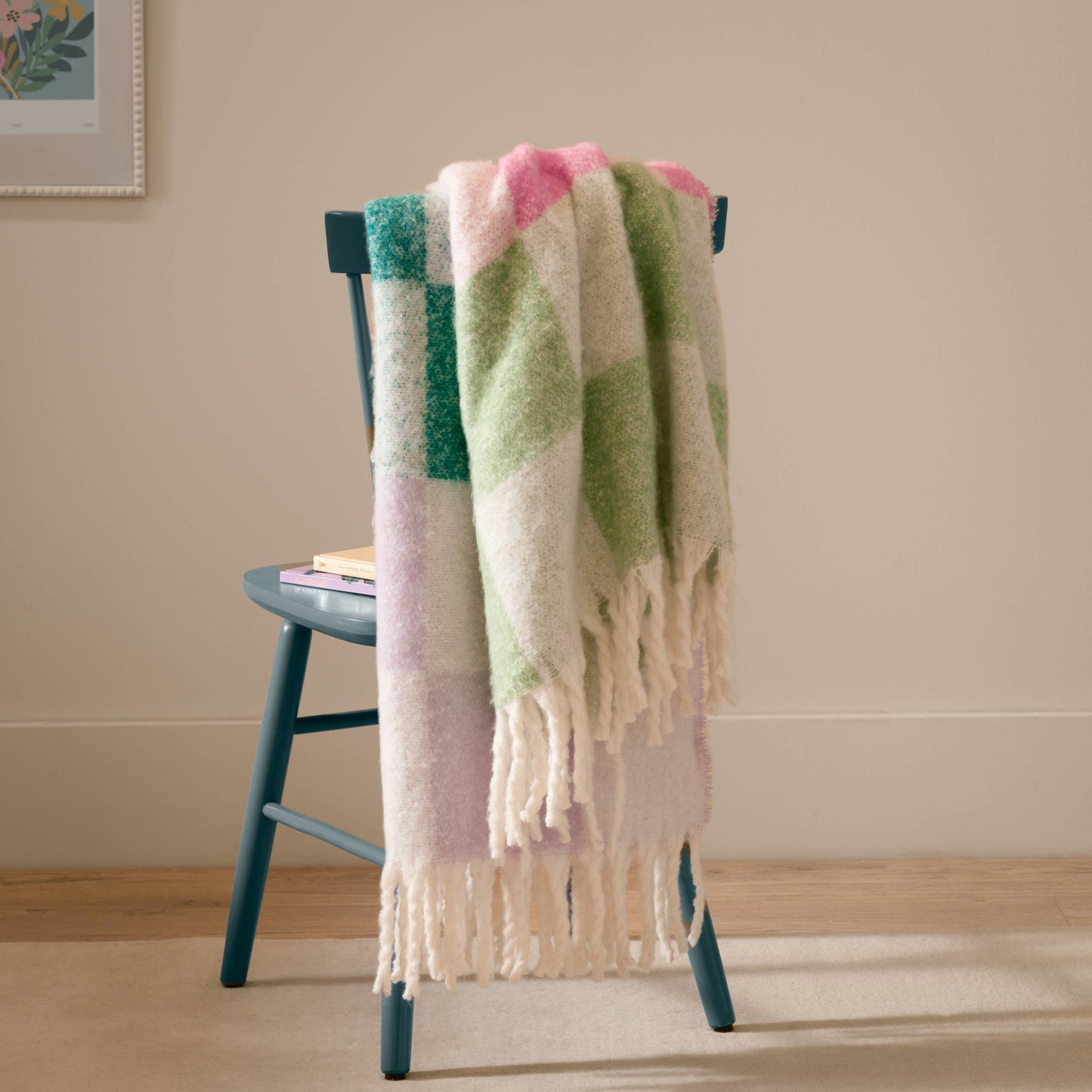 Maisie Checked Tasselled Throw Aqua Blossom - Bluebell and Willow