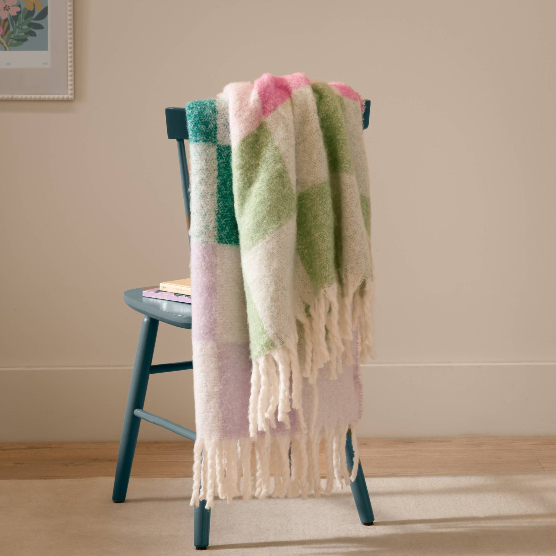 Maisie Checked Tasselled Throw Aqua Blossom - Bluebell and Willow
