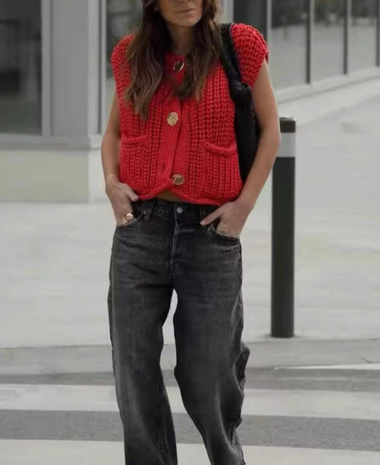 Red Sweater Knit Vest- One Size