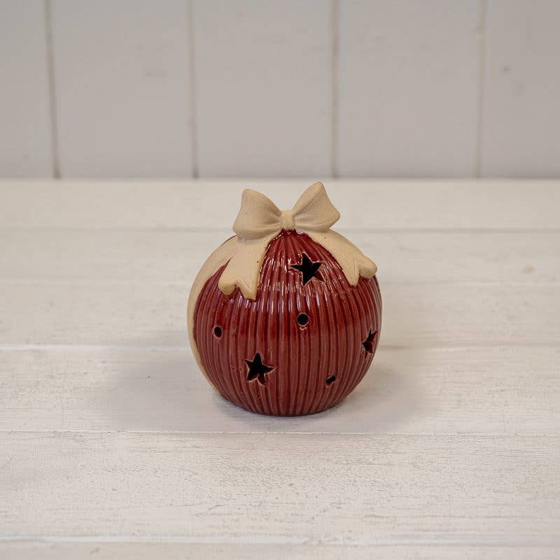 Medium Red Ceramic Led Bauble With Bow Detail.