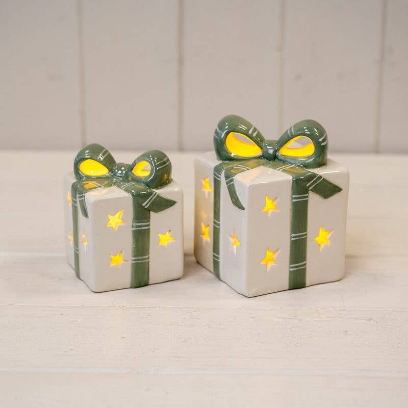 White/Green Ceramic Present with LED (small)