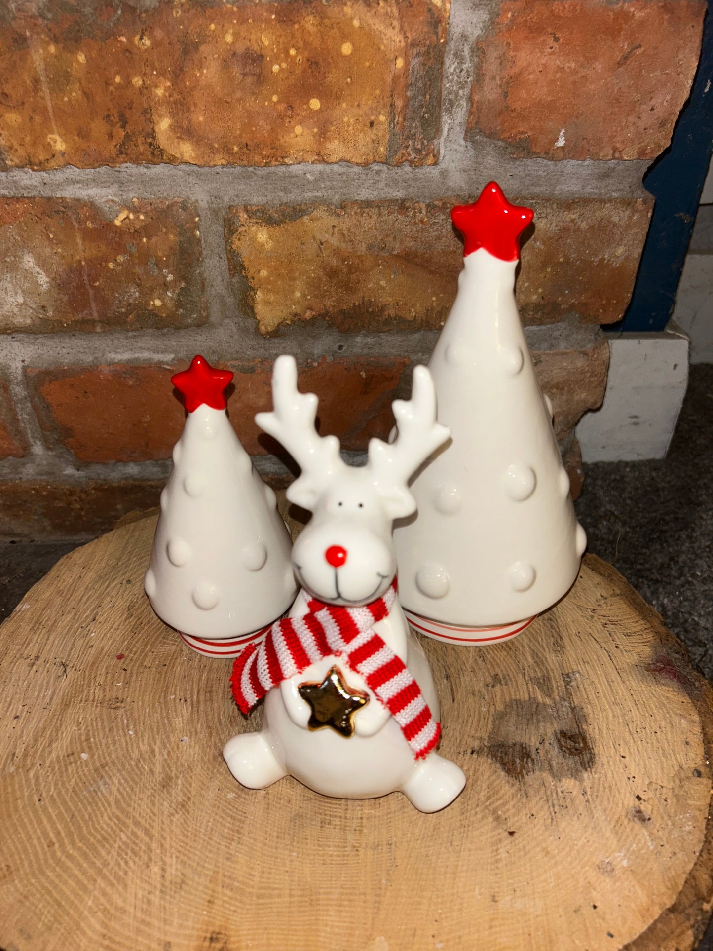 White Ceramic Reindeer Ornament With Knitted Scarf