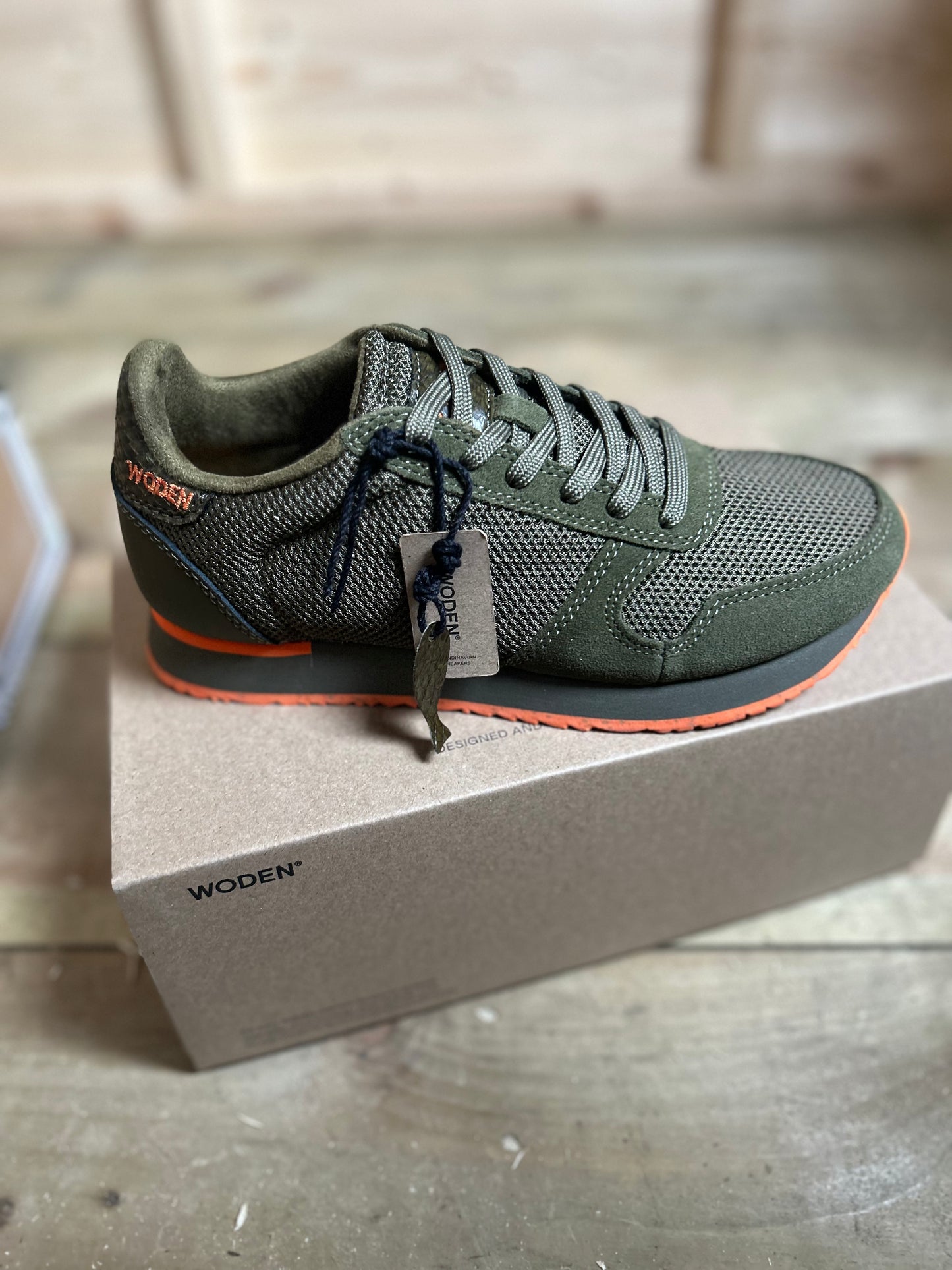 Woden Ydun Icon Trainer - Dark Olive and Orange - sizes 38 & 41