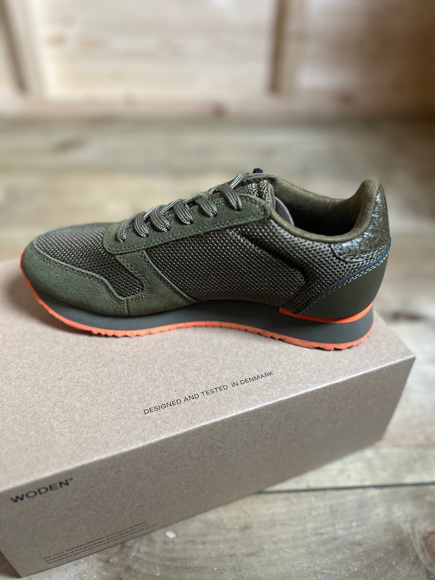 Woden Ydun Icon Trainer - Dark Olive and Orange - sizes 38 & 41