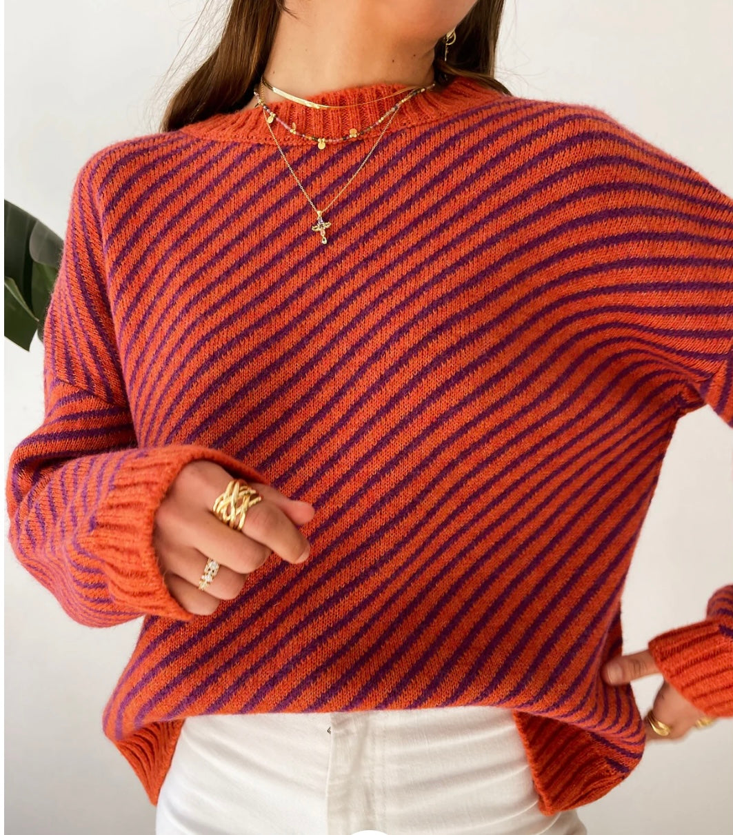 Orange and purple diagonally striped jumper