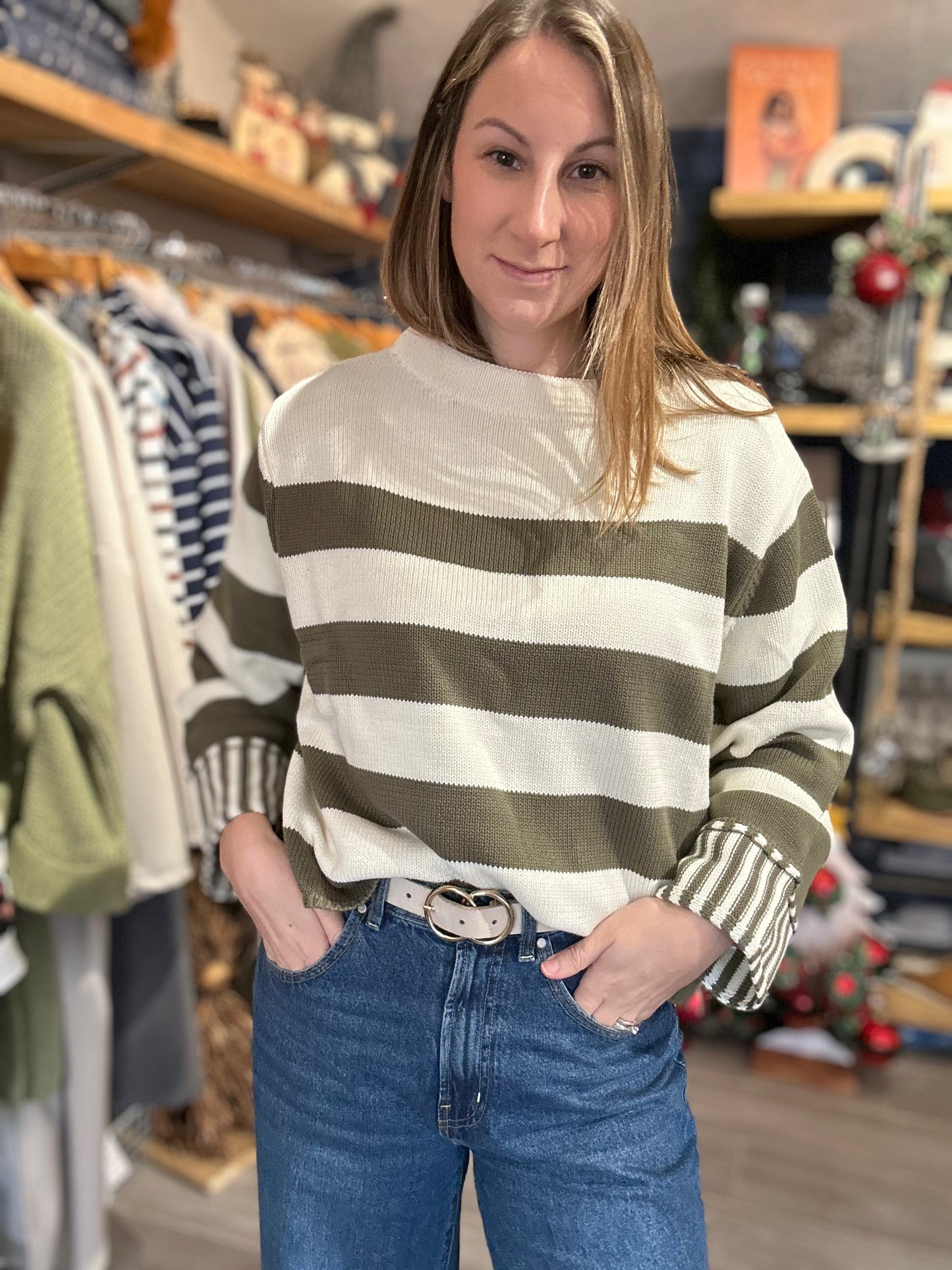 Green & White Striped Jumper