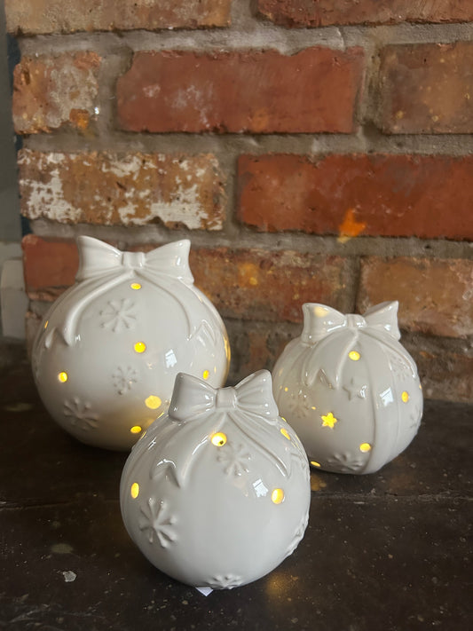 Glazed Ceramic Bauble With Bow Ornament (Large)