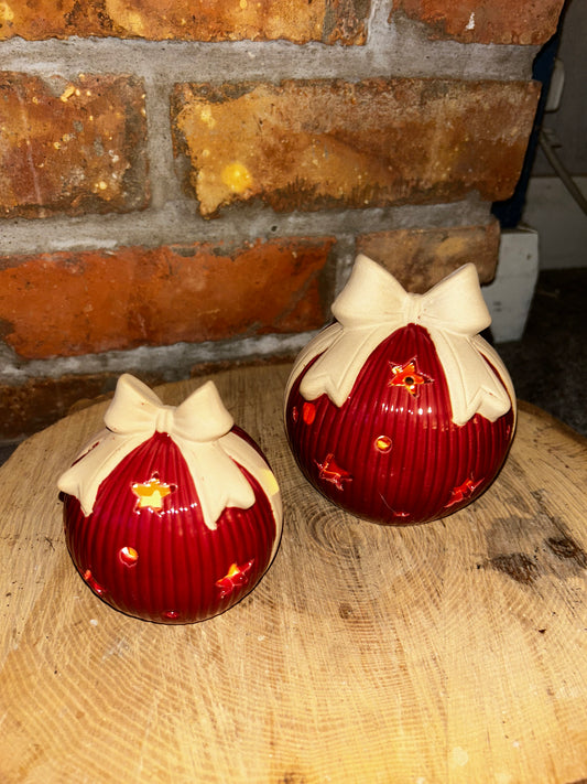 Large Red Ceramic Led Bauble With Bow Detail. With