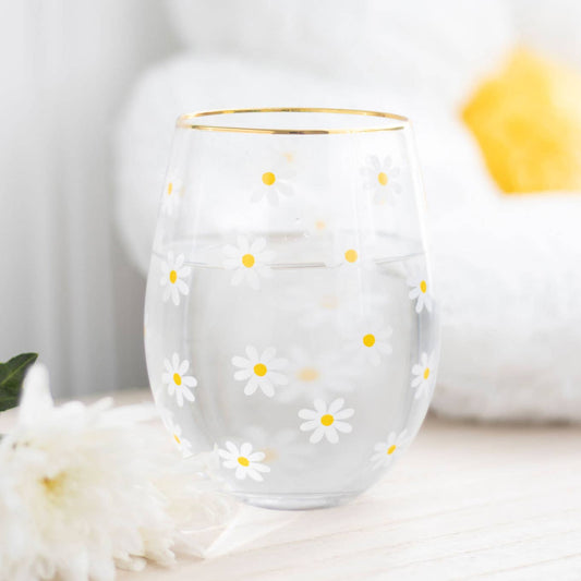 All Over Daisy Print Stemless Wine Glass - Bluebell and Willow